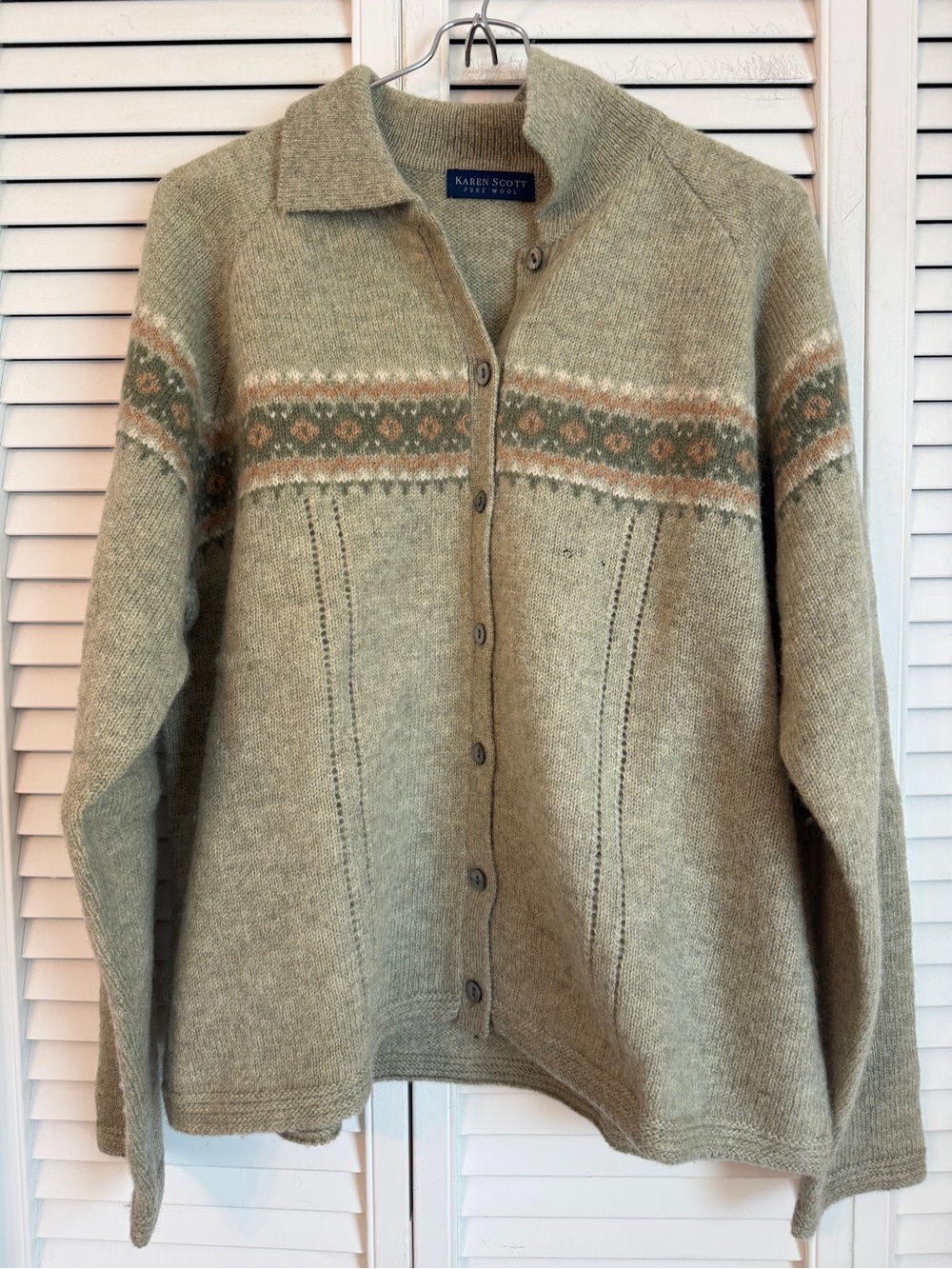 Vintage Grannycore Sweater Cardigan Fair Isle Green Collared Whimsy Fisherman